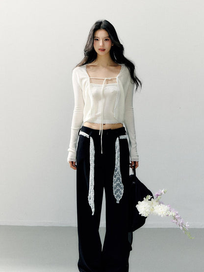7Shiftin Two Piece High Waist Solid Knit Square Neck Casual Women Long Sleeve Crop Tops