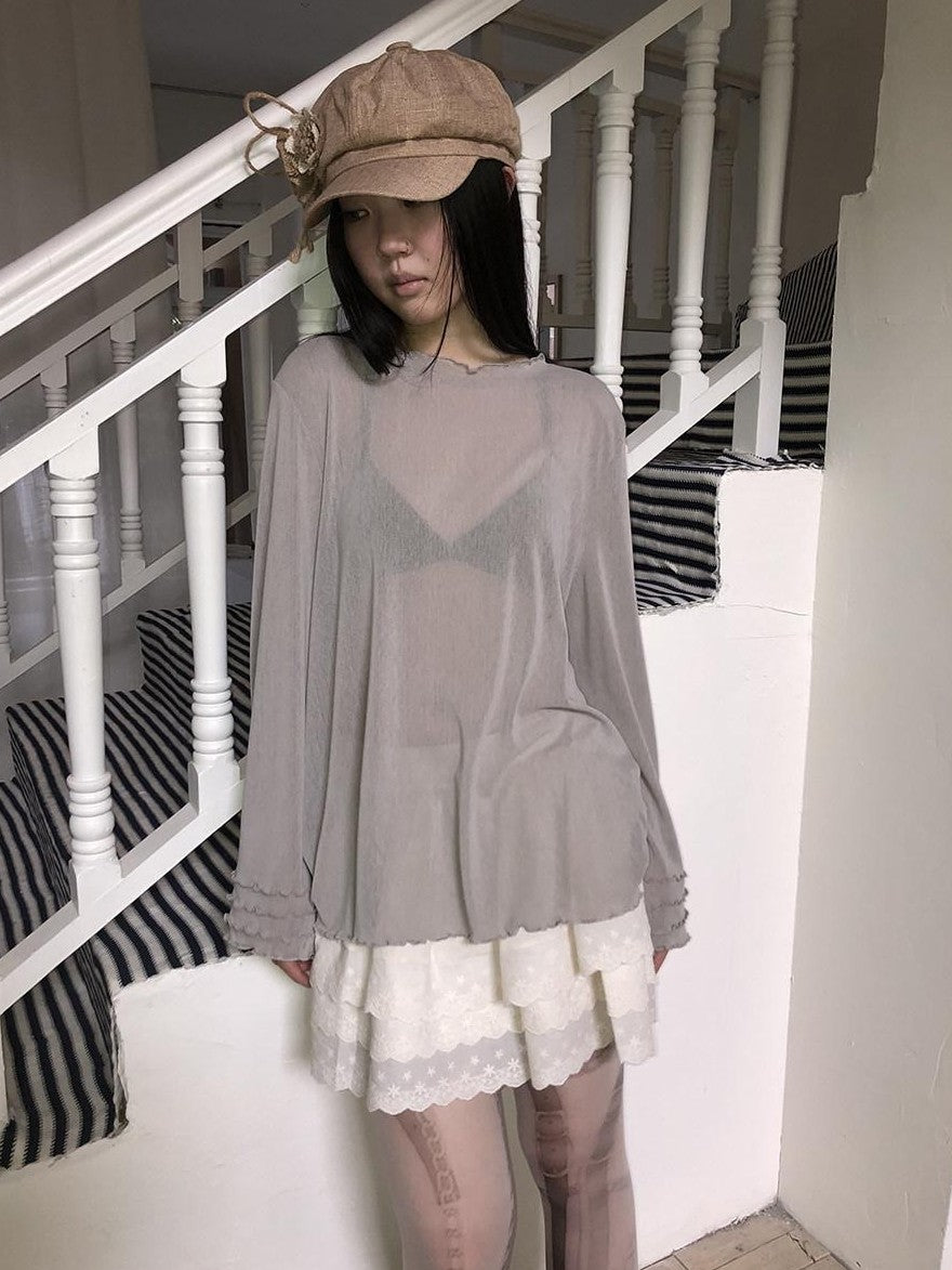 ang project Mocha Sheer Mesh Layered Ruffle Round Neck Women&