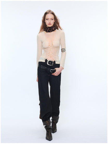 2th Desire Sheer Mesh Spliced Punk Slim Fit Women Long Sleeve Tie Front Blouses