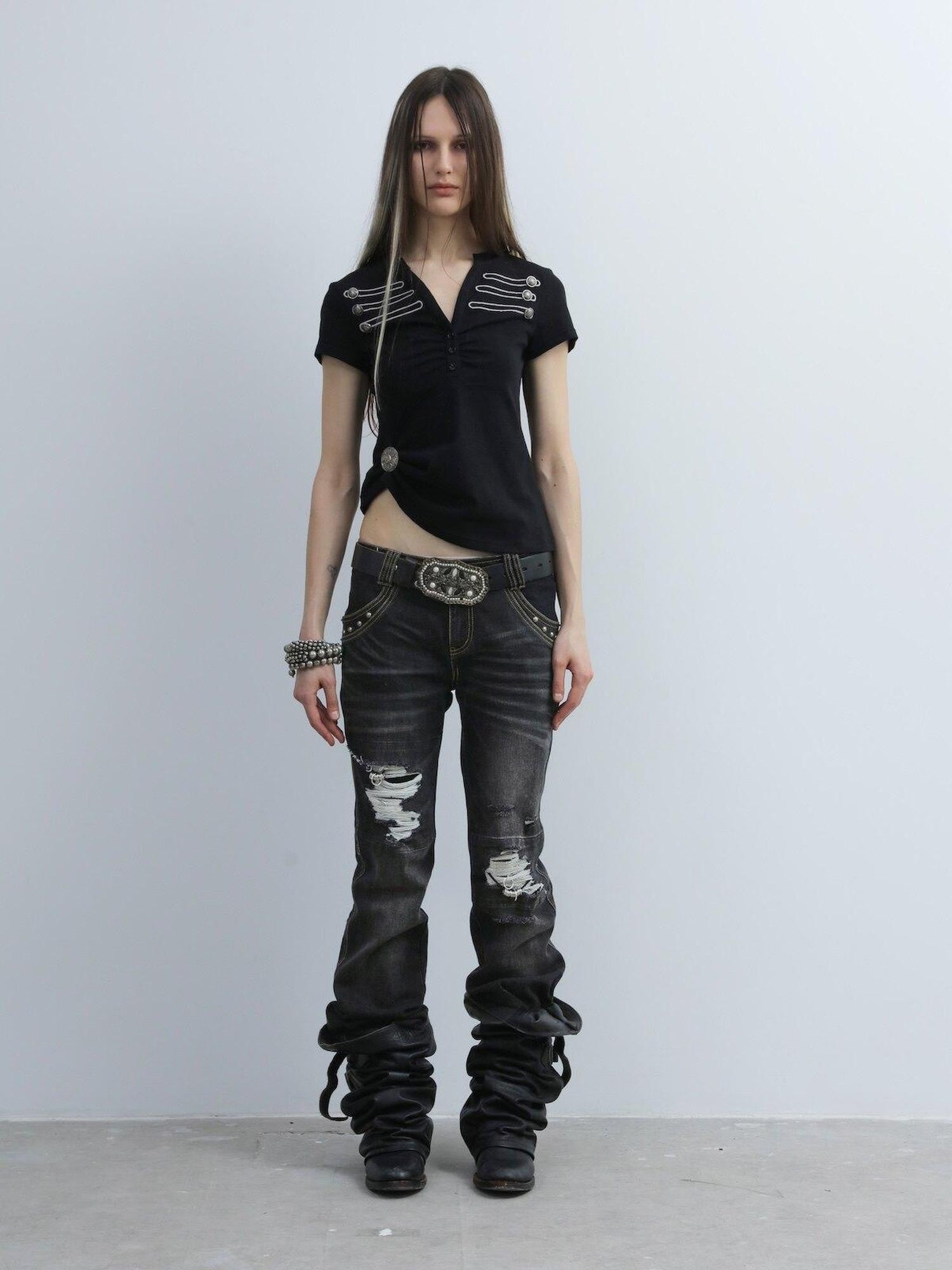 DoublePunch Dark Wash Whisker Distressed Ripped Low Rise Women&