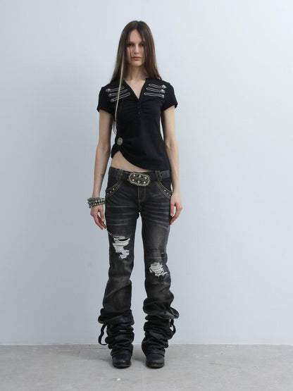 DoublePunch Dark Wash Whisker Distressed Ripped Low Rise Women&