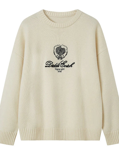 Classic Collar Knit Sweater With Bow Emblem Embroidery