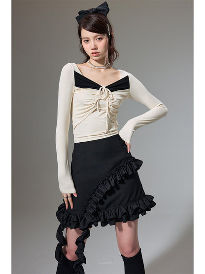 DIDDI MODA Square Neck Spliced Rib Knit Top With Drawstring