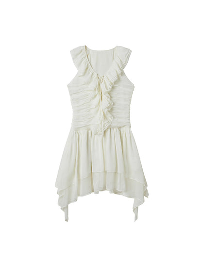 DIDDI MODA Layered Ruffle V Neck Lace Trim Sheath Dress