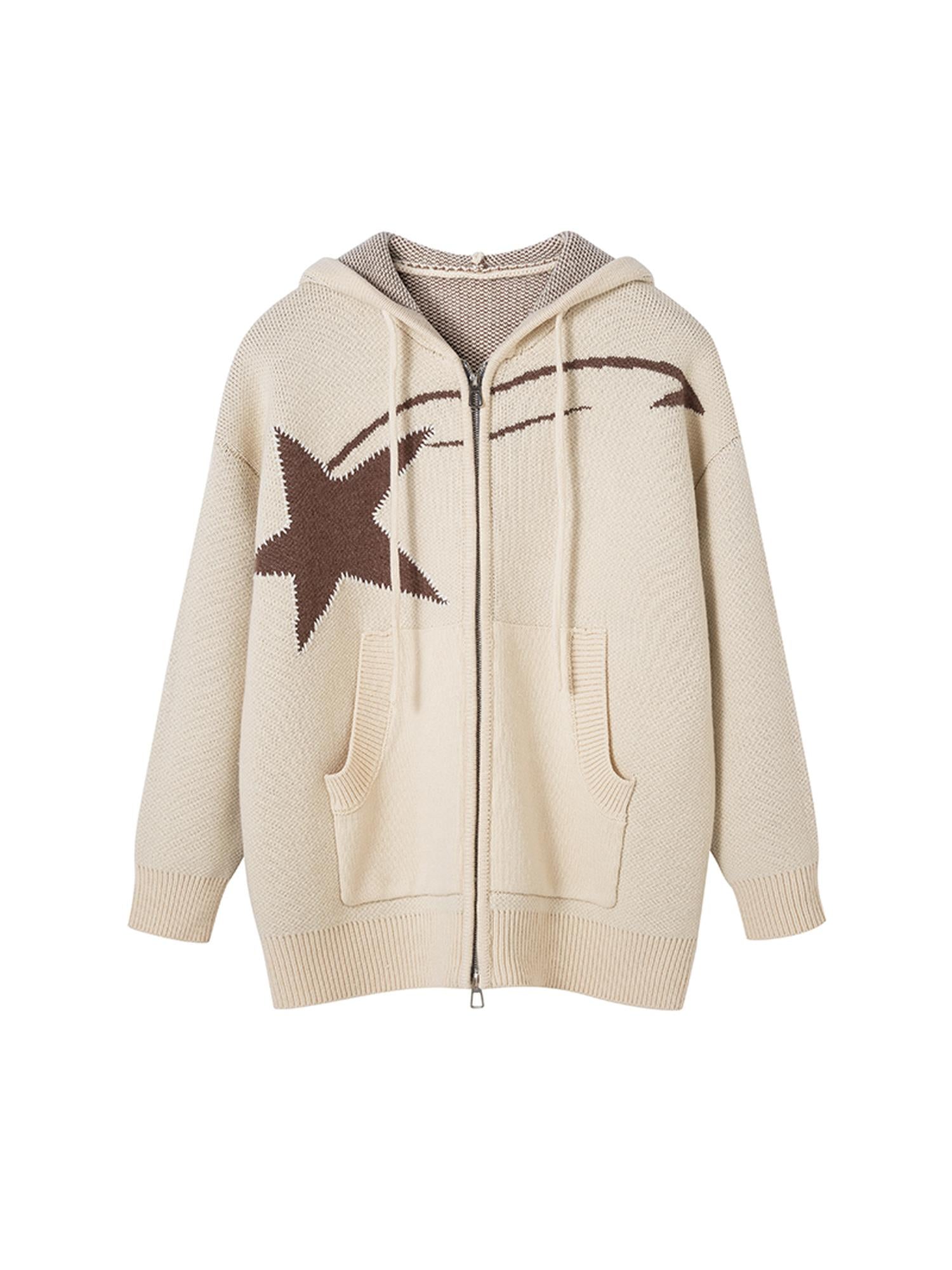 DIDDI MODA Vintage Star Oversized Hooded Wool Sweater Coat