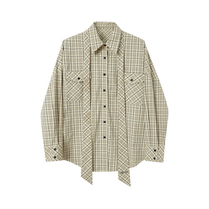 DIDDI MODA Detachable Tie Plaid Shirt Loose Fit Autumn Casual