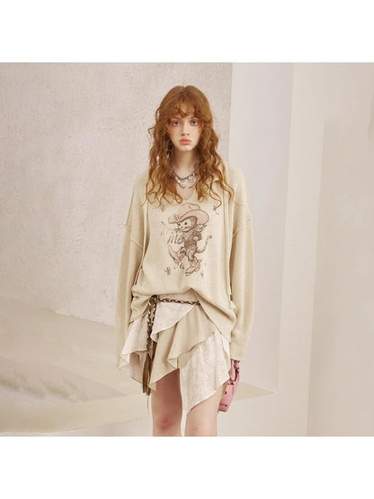 Western Cat V Neck Loose Knit Top