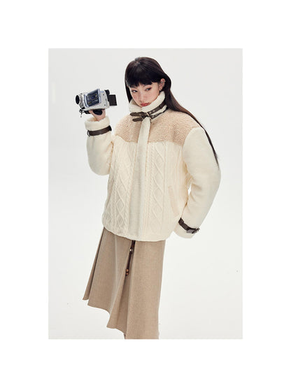 DIDDI MODA Soft Knit Biker Jacket With Fleece And Cable Trim
