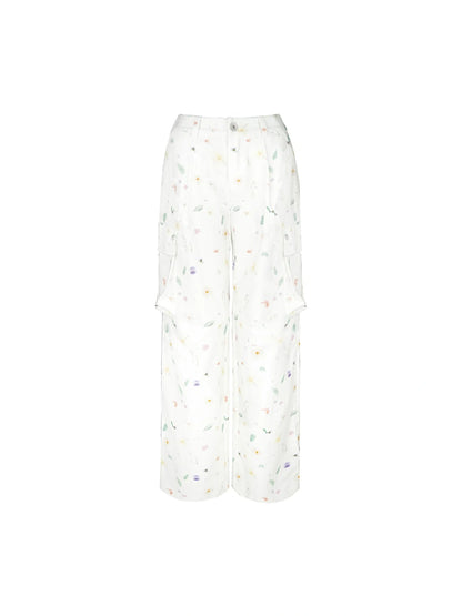 Creative 3D Pocket Beige Casual Floral Print Wide Leg Pants