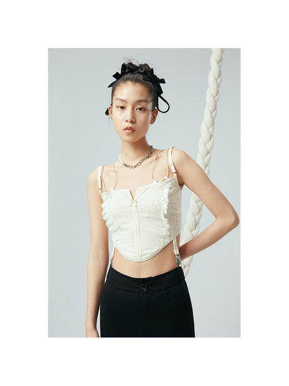 DIDDI MODA Lace Up Floral Jacquard Corset Top