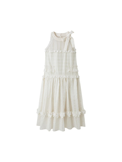 DIDDI MODA High Waisted Bow Neck Ruffled A Line Pink Vacation Dress