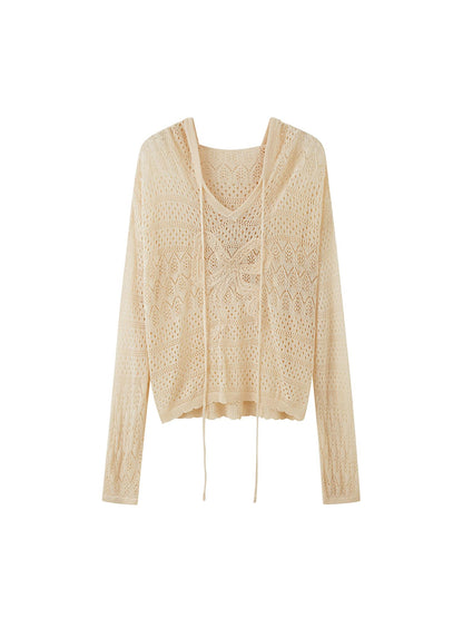 DIDDI MODA Lace Knit Bow Hooded Top