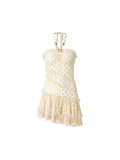 NO ROMANCE Vintage Dot Gold Lace Halter Bustier Dress