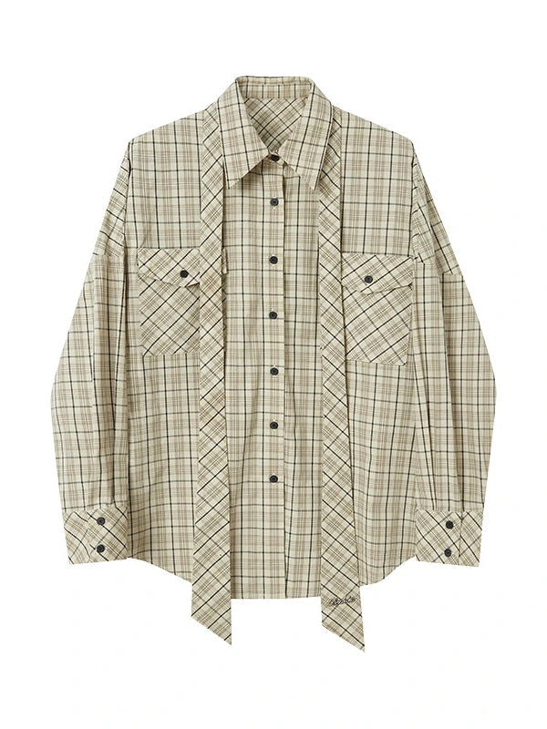 Detachable Tie Plaid Shirt Loose Fit Autumn Casual