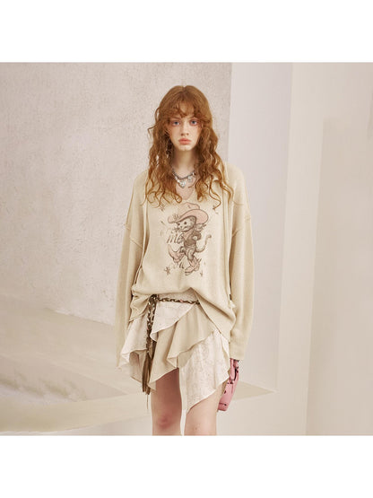 DIDDI MODA Western Cat V Neck Loose Knit Top