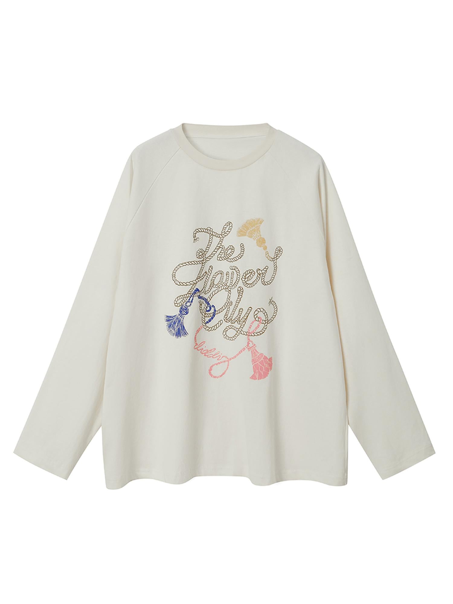 DIDDI MODA Fun Rope Colorful Wheat Print Oversized Knit Tee Bow Silk Blouse