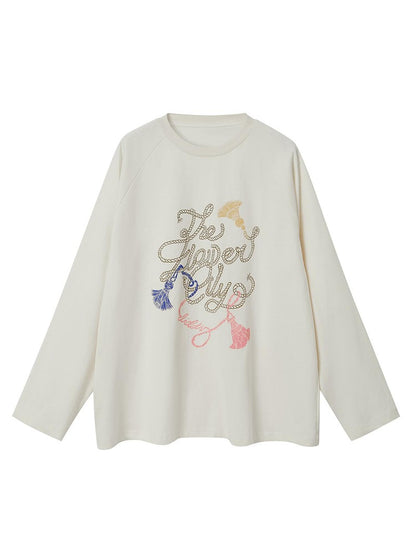DIDDI MODA Fun Rope Colorful Wheat Print Oversized Knit Tee Bow Silk Blouse