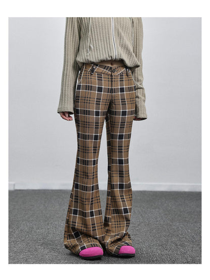 Achihara Yellow Checkered Flare Pants 2025 Summer Autumn Casual Wide Leg Trousers