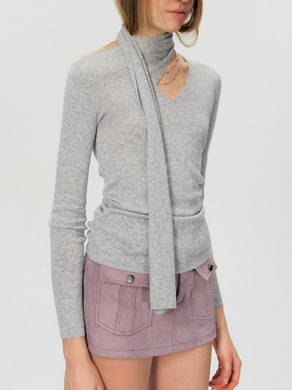 The NeverMore Soft Wool Blend Slim Knit Pullover Womens Casual Grey Pink Long Sleeve T-Shirts