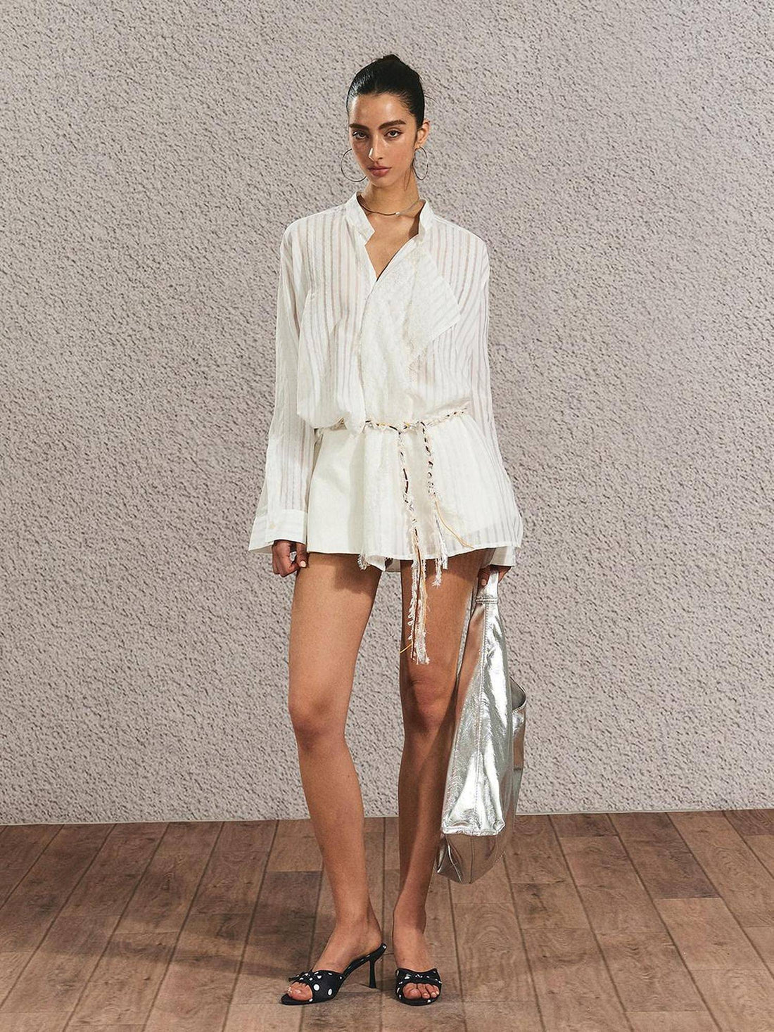 The NeverMore Breathable French Slim Button Stripe Open Cardigan Waist Tie Women Shirts