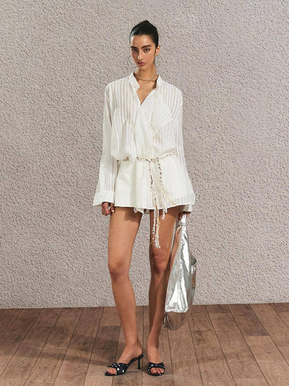 The NeverMore Breathable French Slim Button Stripe Open Cardigan Waist Tie Women Shirts