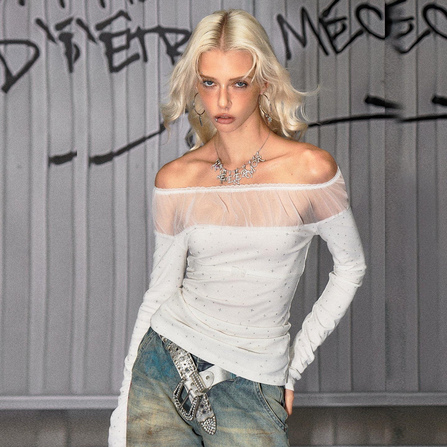 The NeverMore Mesh Splice Casual Slim Fit Bardot Neckline Women White Long Sleeve Crop Tops
