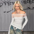 The NeverMore Mesh Splice Casual Slim Fit Bardot Neckline Women White Long Sleeve Crop Tops