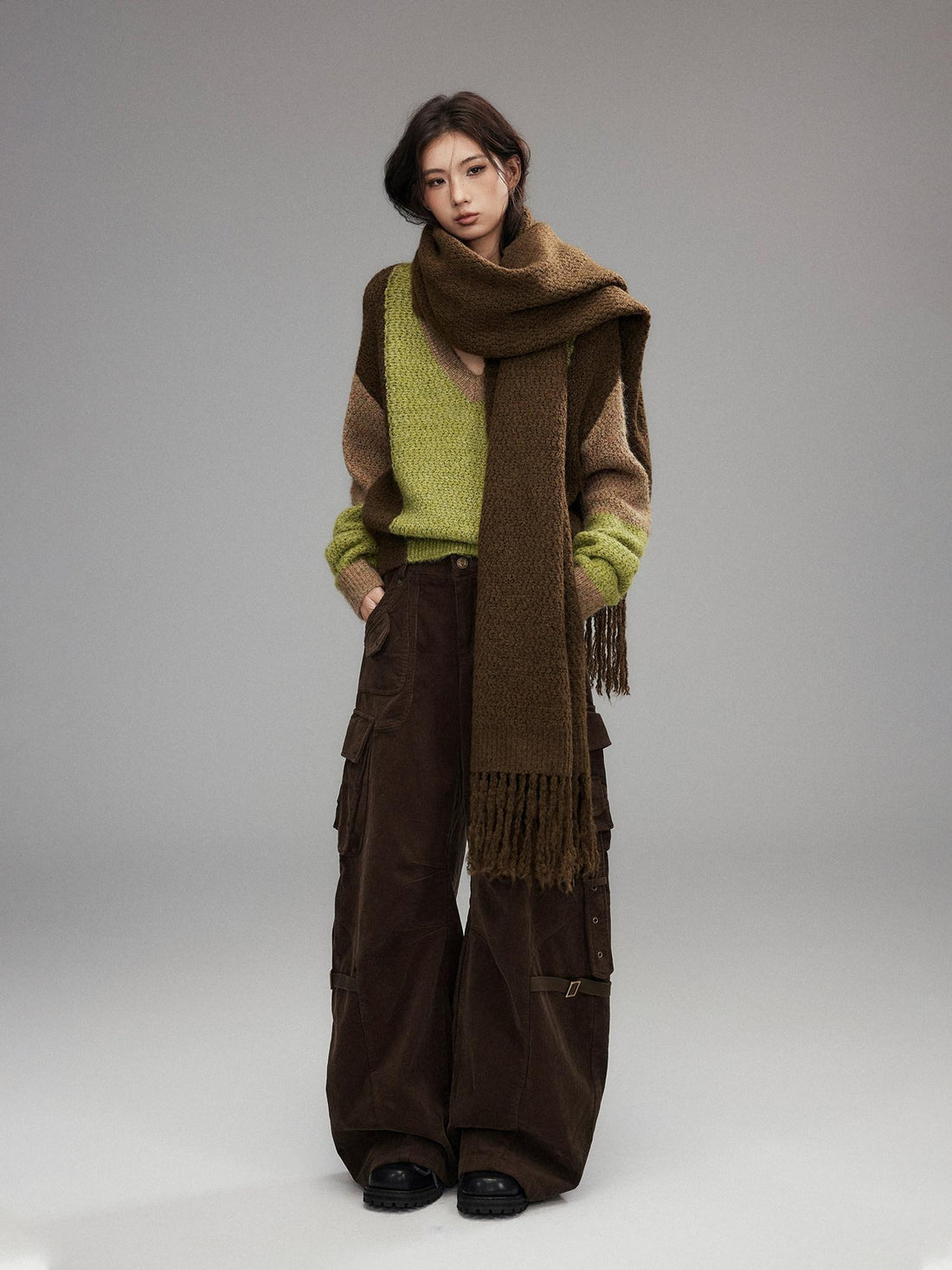 Low pixel Cozy Acrylic Blend Korean Fringe Women Brown Rectangular Decorative Scarves