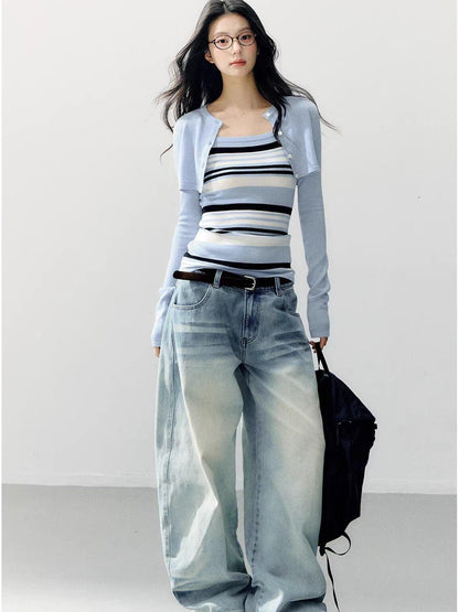 7Shiftin Breathable Striped Two Piece Cardigan Pullover Women Casual Long Sleeve T-Shirts