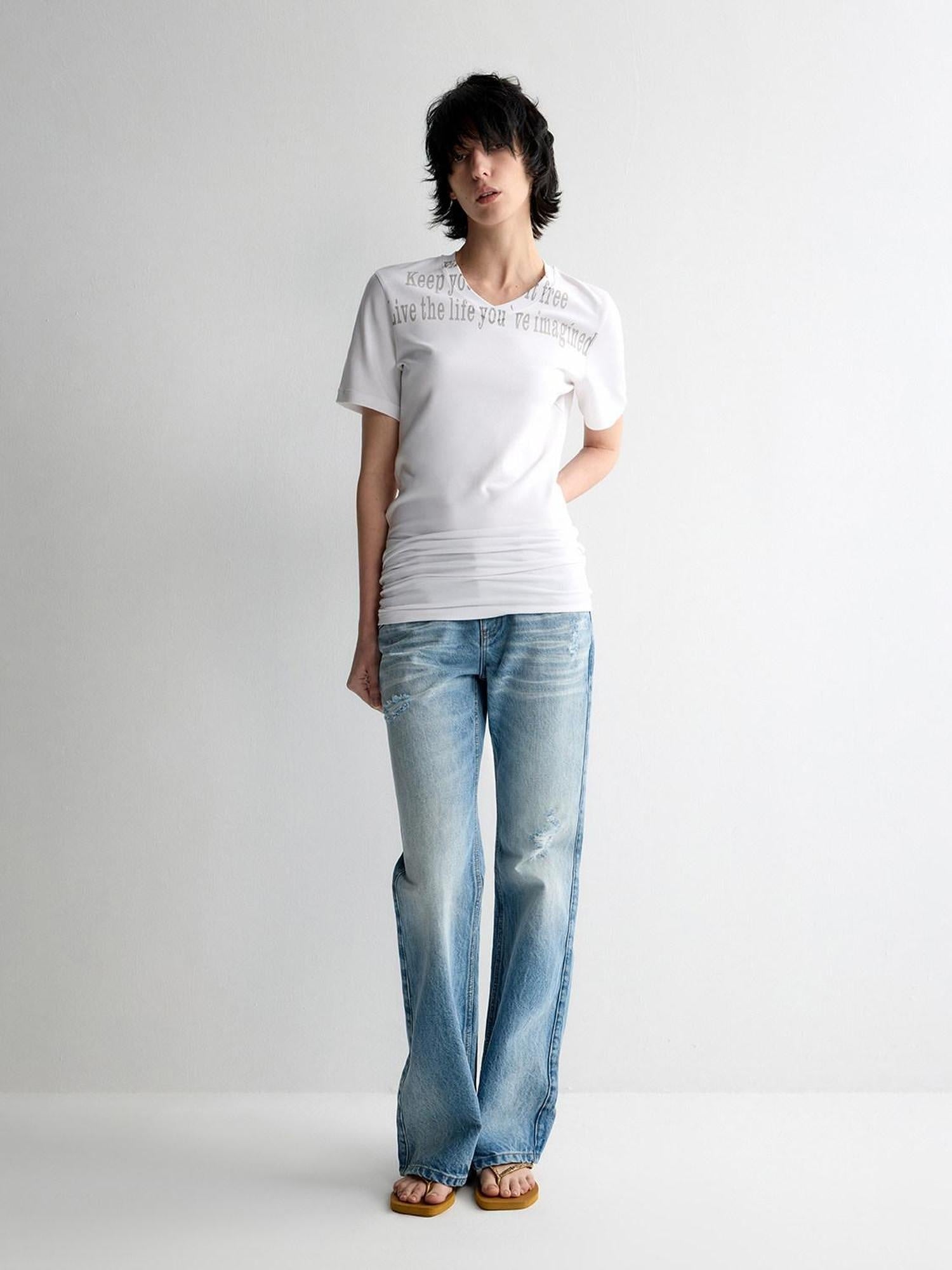 RUN TO THE FUTURE Moisture Wicking V-neck Slim Fit Creative Print Modal Short Sleeve T-Shirts