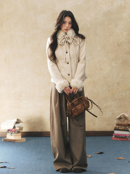 7Shiftin Pleated Wool Blend Natural Waist Casual Straight Hem Khaki Women Wide Leg Pants