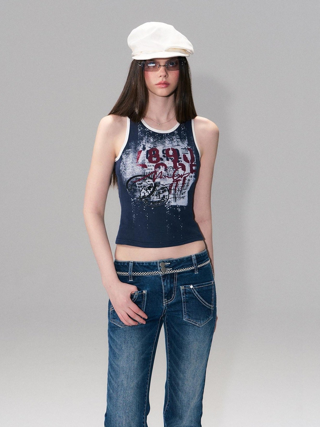 The NeverMore Soft Stretch Cotton Slim Fit Round Neck Printed Cropped Women Navy Camisoles