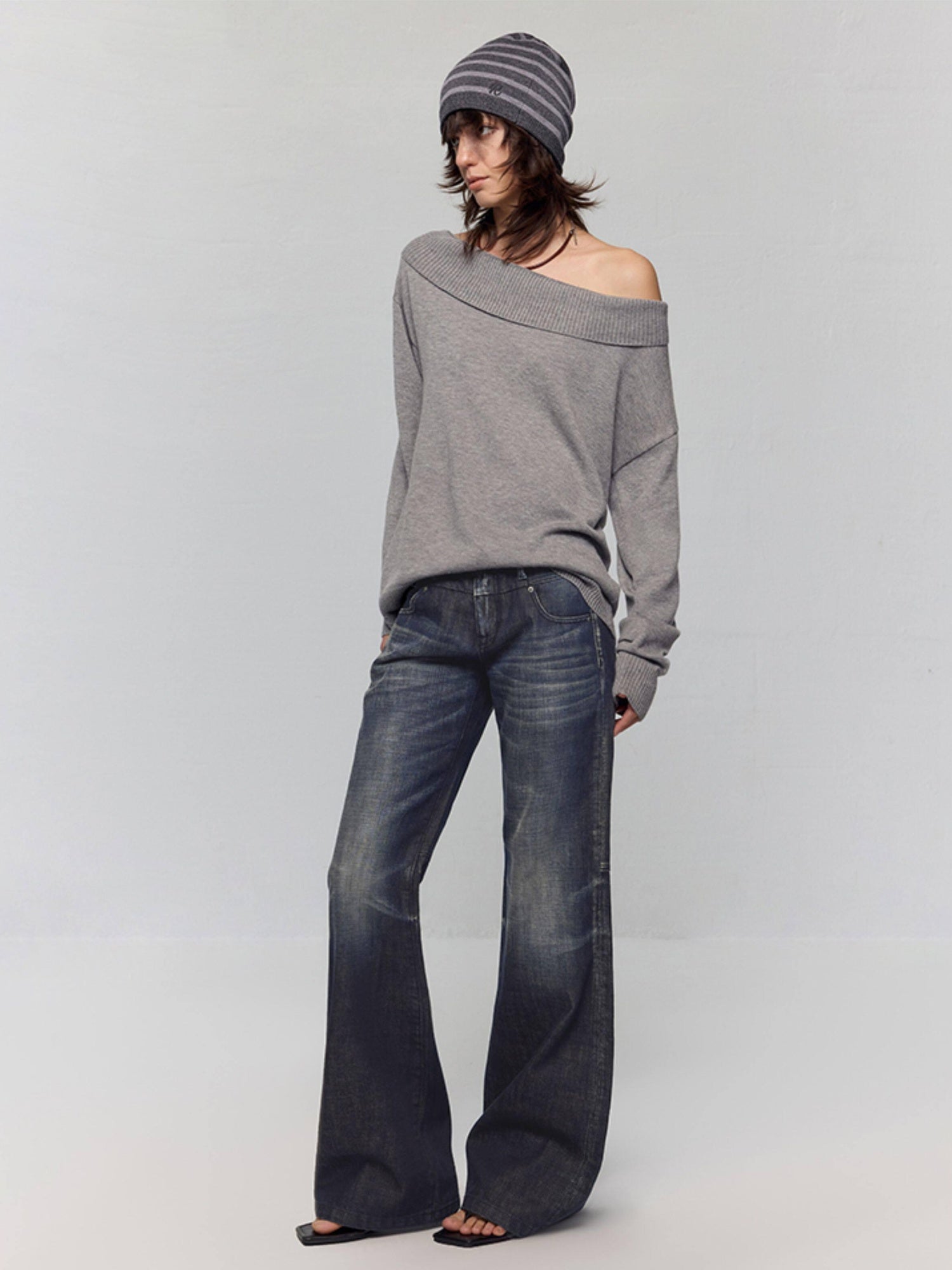 RUN TO THE FUTURE Vintage Commuter Loose Tie Asymmetric Neck Women Grey Knit Long Sleeve T-Shirts
