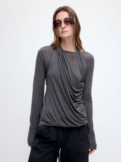 RUN TO THE FUTURE Tencel Wool Blend Pleated Commuter Slim Solid Milk White Long Sleeve T-Shirts