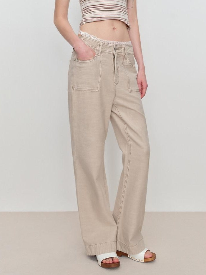 RUN TO THE FUTURE Durable Denim Original Loose Flare Low Rise Women Khaki Straight Jeans