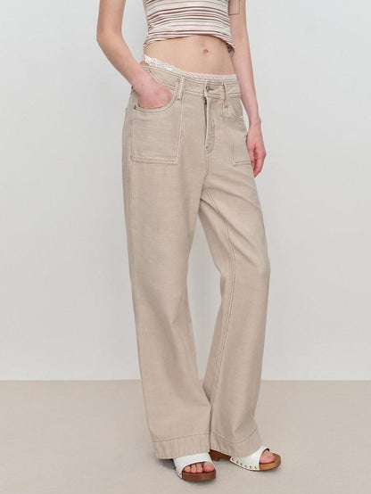 RUN TO THE FUTURE Durable Denim Original Loose Flare Low Rise Women Khaki Straight Jeans
