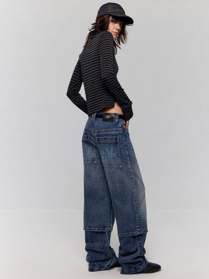 RUN TO THE FUTURE Washed Blue Denim Low Waist Relaxed Fit Casual Zipper Fly Wide-Leg Jeans