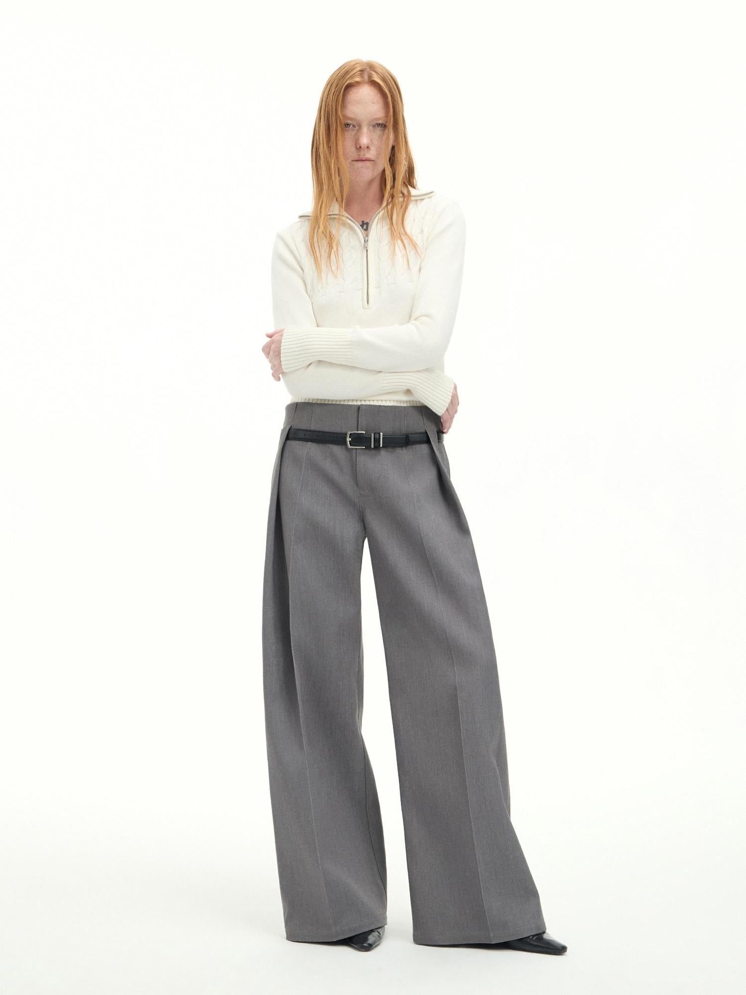 RUN TO THE FUTURE Low Rise Jacquard Minimal Casual Women Light Heather Gray Wide-Leg Pants