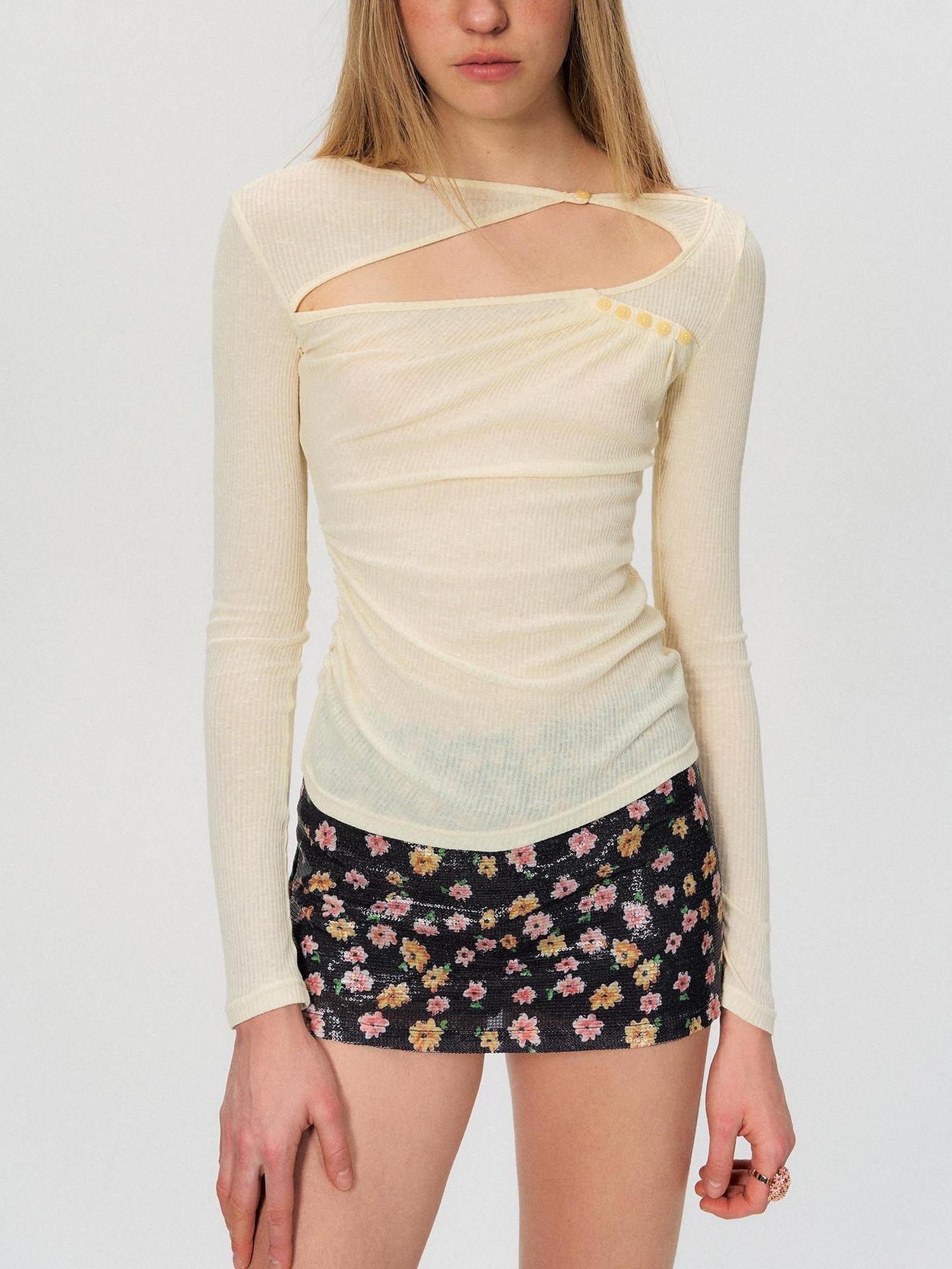 The NeverMore Sexy Cutout Slim Fit Crew Neck Light Apricot Cotton Blend Long Sleeve T-Shirts