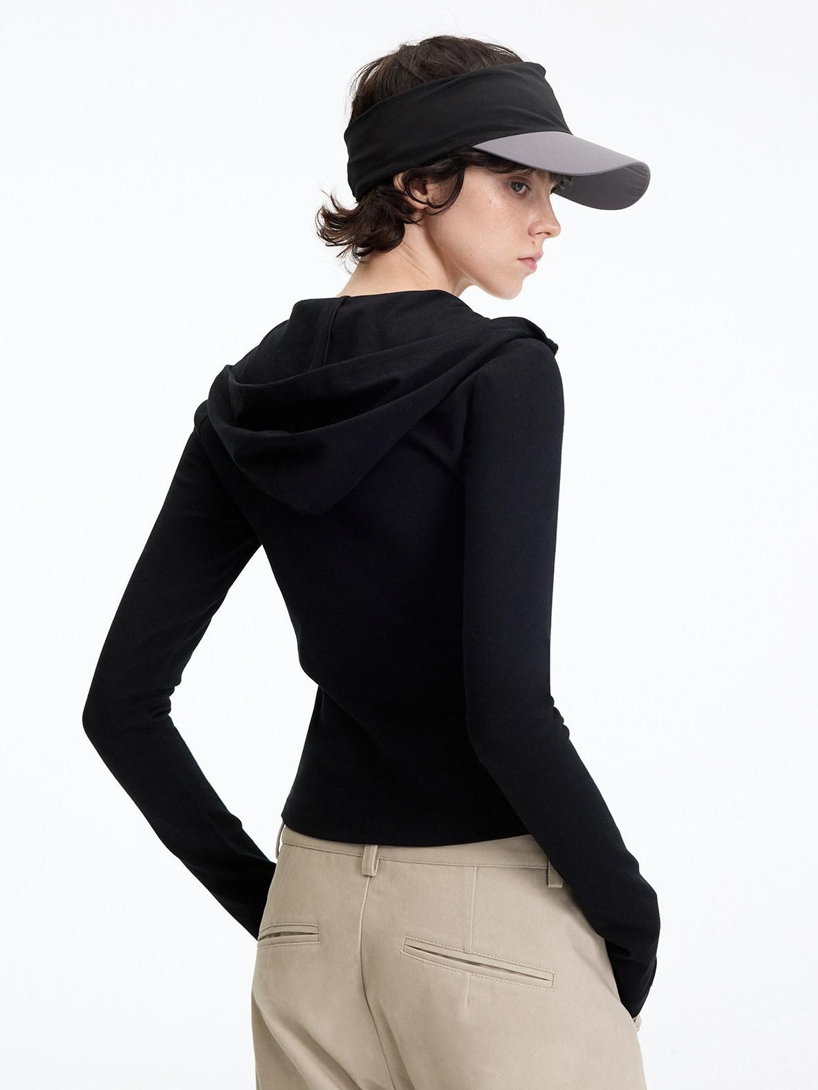 RUN TO THE FUTURE Slim Fit Hooded Zip Casual Women Cotton Blend Black Long Sleeve T-Shirts