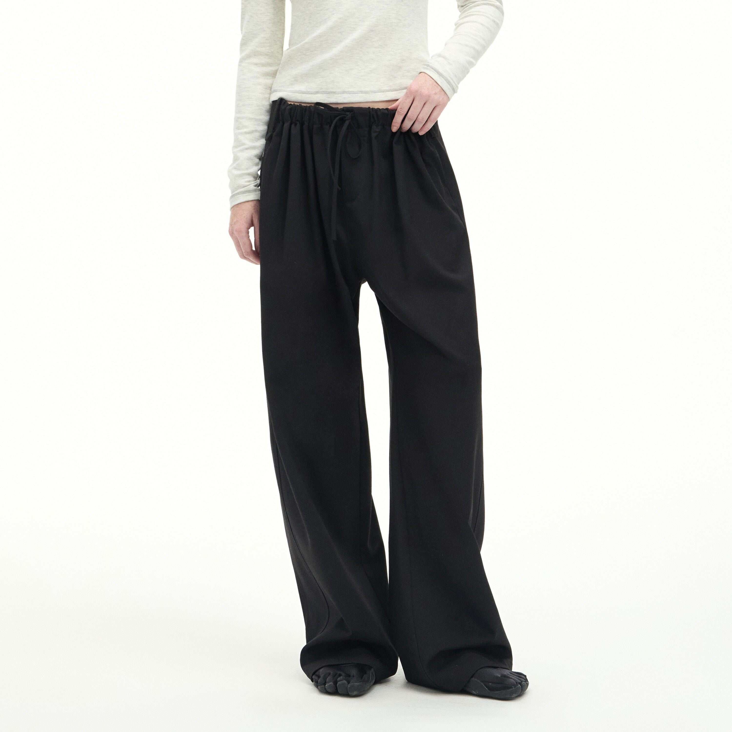 RUN_TO_THE_FUTURE_Stretch_Wool_Blend_Casual_Wide_Leg_Drawstring_Mid_Low_Rise_Women_Black_Chinos_MISSTT