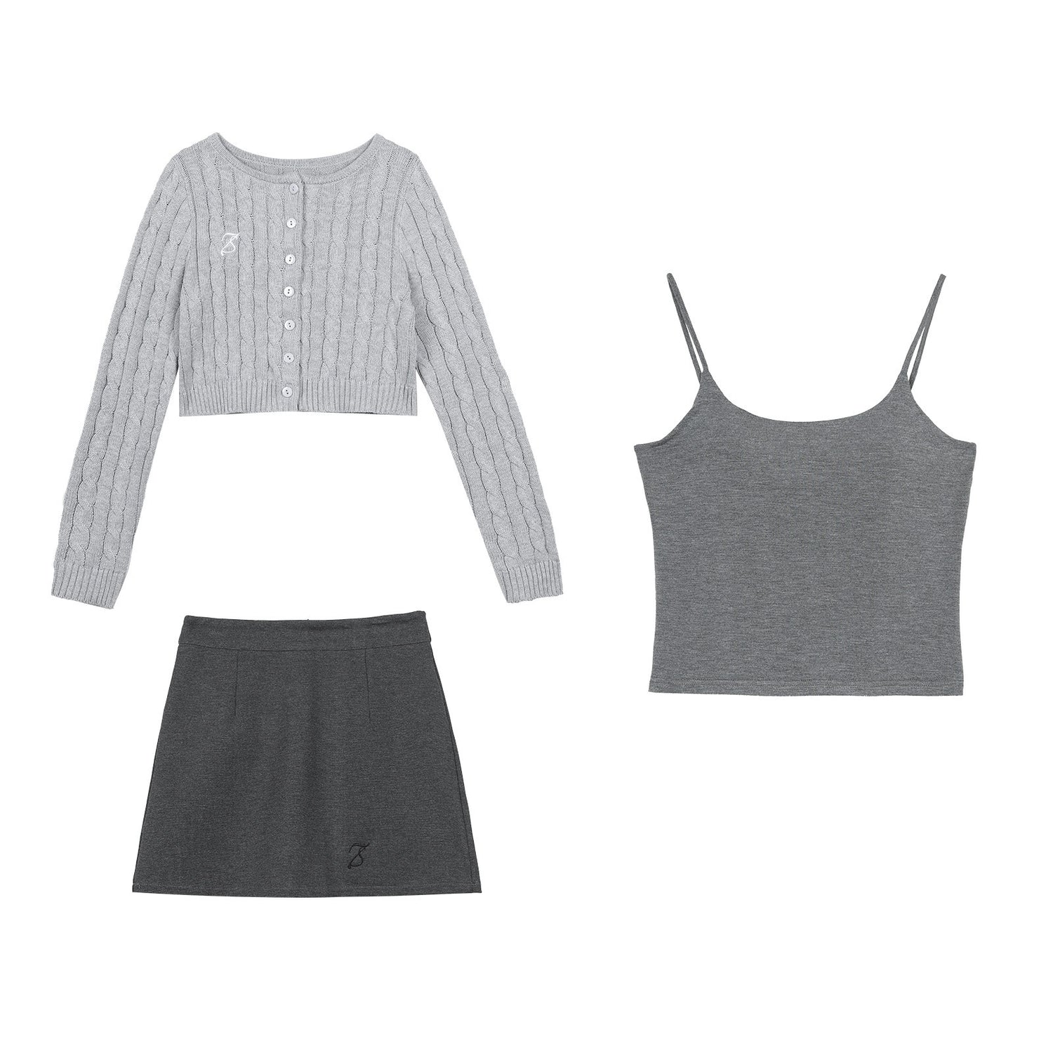 7Shiftin Button V-neck Cardigan Women Workwear Solid Grey Camisole Skirt Top &amp; Skirt Sets