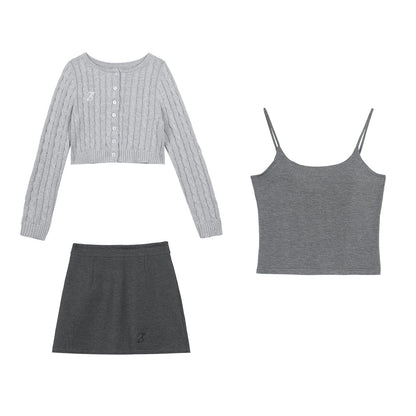7Shiftin Button V-neck Cardigan Women Workwear Solid Grey Camisole Skirt Top &amp; Skirt Sets