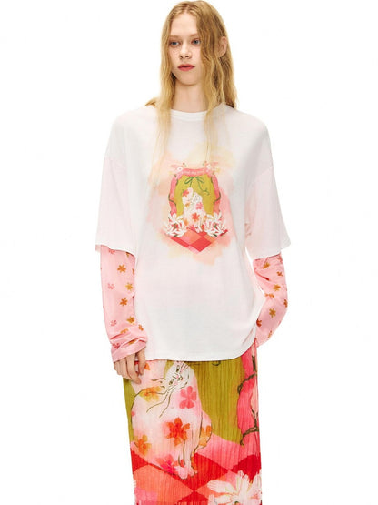 OuttheBlue Cat Garden Print Casual Loose Drop Shoulder Round Neck Long Sleeve T-Shirts