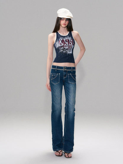 The NeverMore Soft Stretch Cotton Slim Fit Round Neck Printed Cropped Women Navy Camisoles