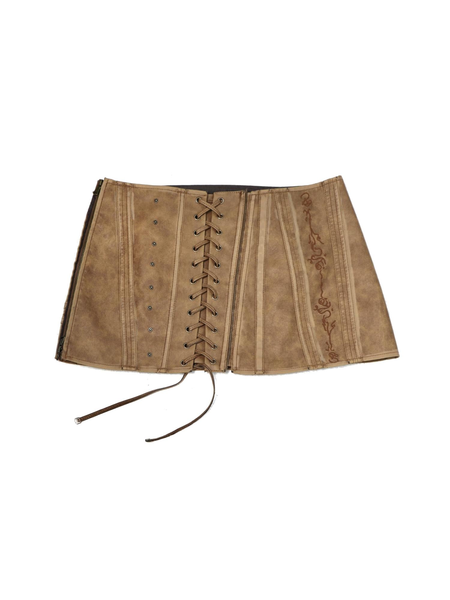 Flowers birds Market Washed Stitching Embroidered Leather Skirt