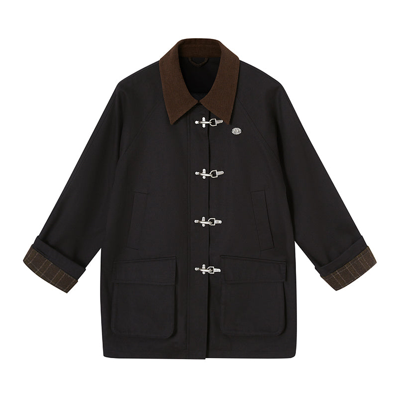 DIDDI MODA Foldable Cuff Metal Button Trench Coat With Corduroy Panels