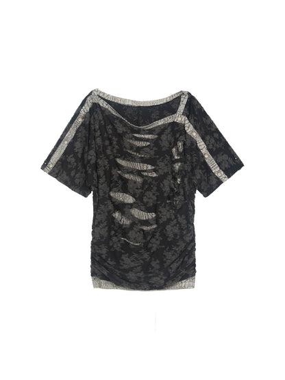 Vintage Y2K Collage Tee Asymmetrical Cut Out Top Retro Contrast Splicing