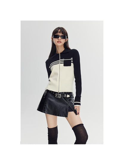 DIDDI MODA Retro Dual Zip Colorblock Knit Sweater