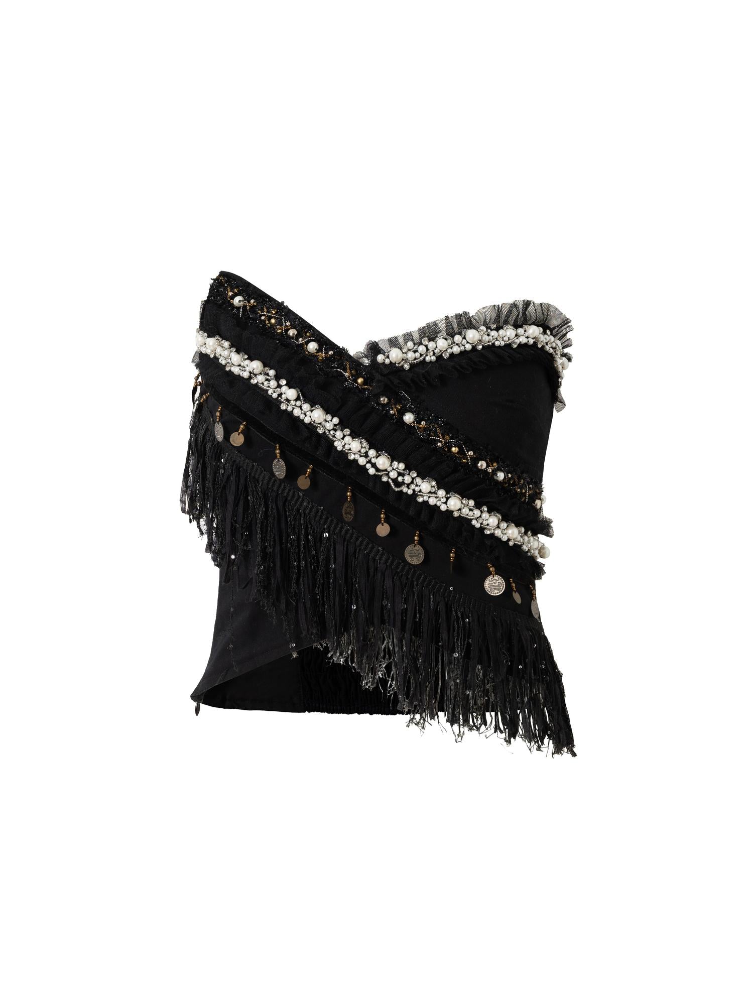 NO ROMANCE Cropped Bustier Top With Tassels &amp; Lace Trim For Women